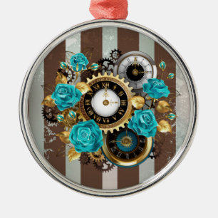 Ornement En Métal Steampunk Clock and Turquoise Roses on Striped