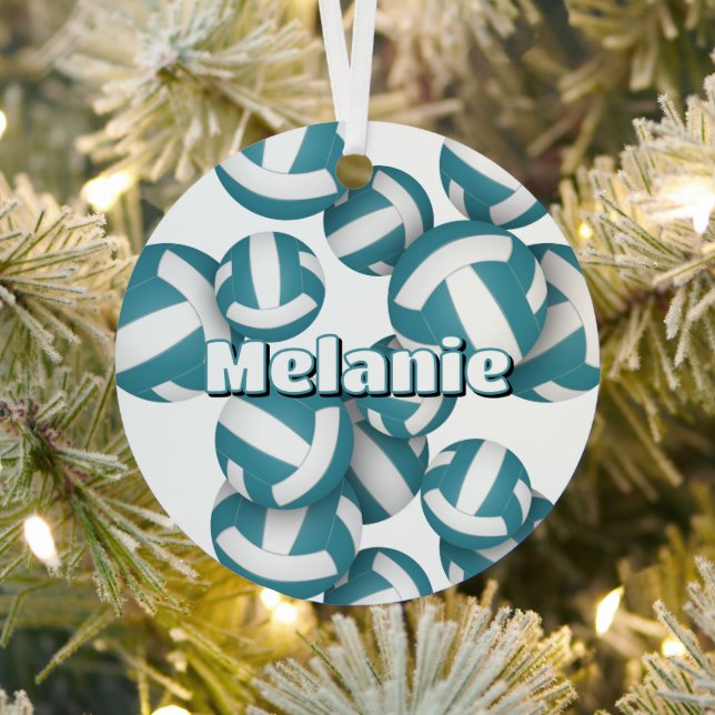 Ornement En Métal teal white volleyballs w athlete name keepsake (Insitu)