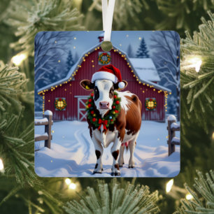 Ornement En Métal Une vache festive à Santa Hat Pays Noël