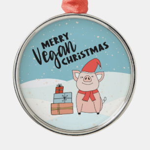 Ornement En Métal Vegan Christmas with cartoon piglet and presents