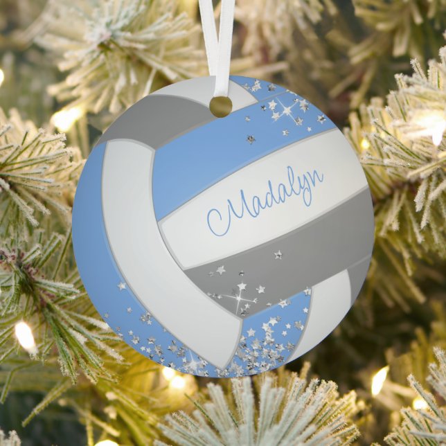 Ornement En Métal volley-ball bleu clair gris avec étoiles argent (Insitu)
