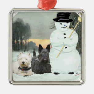 Ornement En Métal Westie & Scottie construisent un bonhomme de neige
