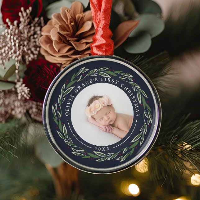 Ornement En Métal Wreath d'hiver | Première photo de Noël du bébé (Créateur téléchargé)