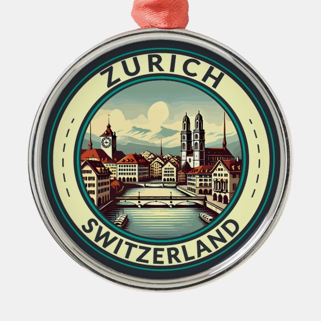 Ornement En Métal Zurich Suisse Illustration Insigne d'art de voyage (Devant)