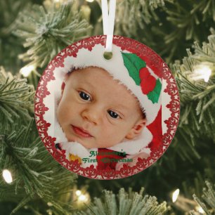 Ornement En Verre 1er Noël du bébé Nom personnalisé Photo Red Wreath