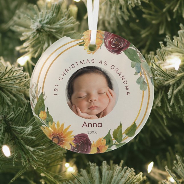 Ornement En Verre 1er Noël en Grandma Baby Photo Tournesols (Insitu)