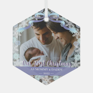 Ornement En Verre 1er Noël Nouveau-né Parents Doux Bleu Tone Personn