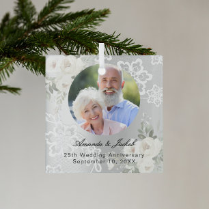 Ornement En Verre 25e anniversaire du Mariage photo florales argent 