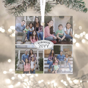 Ornement En Verre 4 Photo Collage Nom de famille et année Blanc simp