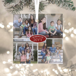 Ornement En Verre 4 Photo Collage Nom de famille et année Rouge et b