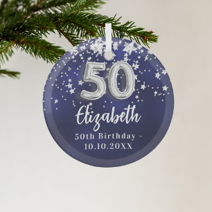 Ornement En Verre 50e anniversaire marine bleu argent étoiles