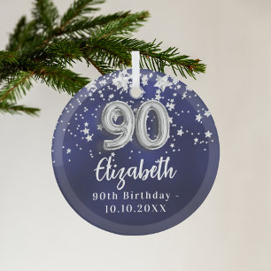 Ornement En Verre 90e anniversaire marine bleu argent étoiles