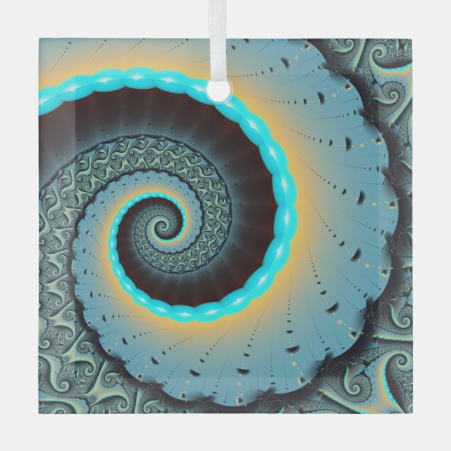 Ornement En Verre Abstraite spirale d'art fractal bleu turquoise ora (Recto)