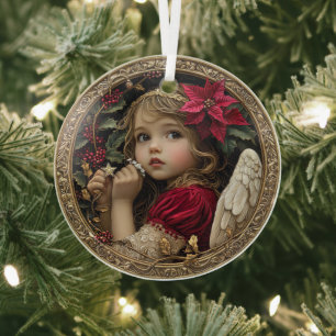 Ornement En Verre Ange de Noël céleste avec Poinsettia et Houx