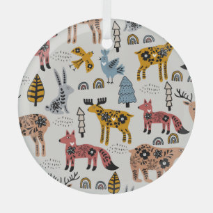 Ornement En Verre Animaux scandinaves, floral, motif mignon.