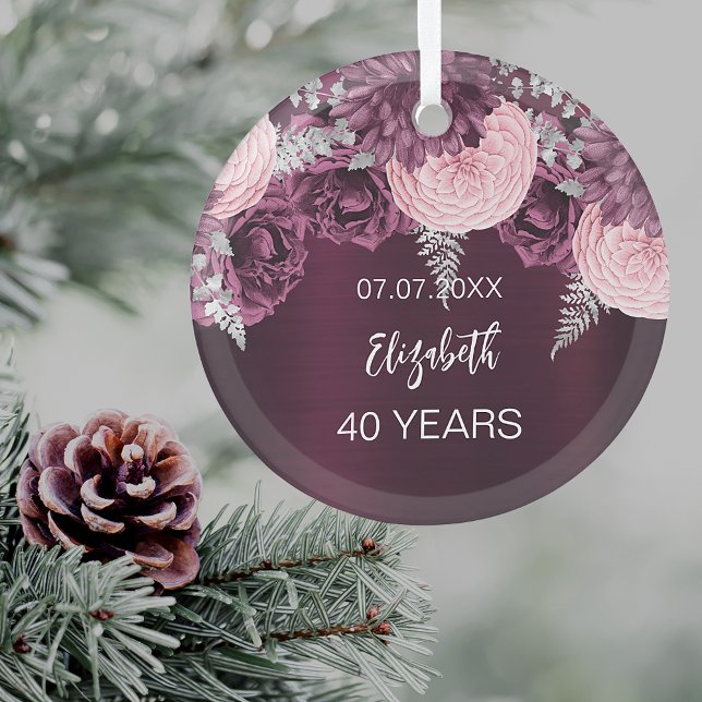 Ornement En Verre Anniversaire des fleurs roses bordeaux nom (For both birthday party table decor and for decorating the Christmas tree as a keepsake)