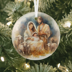 Ornement En Verre Aquarelle Bébé Jésus Christ avec Marie et Joseph