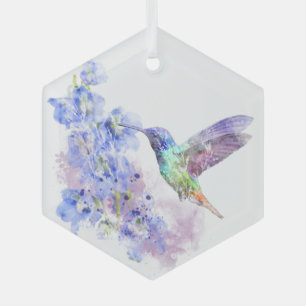 Ornement En Verre Aquarelle Bleu Jardin Fleur Oiseau de colibri