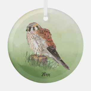 Ornement En Verre Aquarelle Kestrel Américain, Faucon Oiseau Hawk