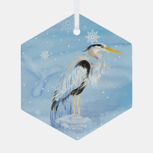 Ornement En Verre Aquarelle Oiseau de grand héron bleu (Verso)
