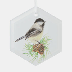 Ornement En Verre Aquarelle Pickadee Oiseau Pine Cône Nature