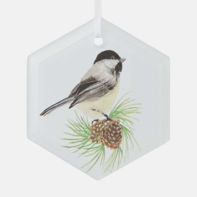 Ornement En Verre Aquarelle Pickadee Oiseau Pine Cône Nature (Recto)