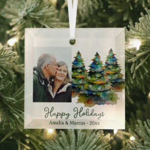 Ornement En Verre Aquarelle Pine Arbre Joyeux Vacances Photo