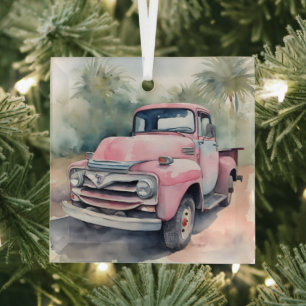 Ornement En Verre Aquarelle Pink Retro Camion En Palmes