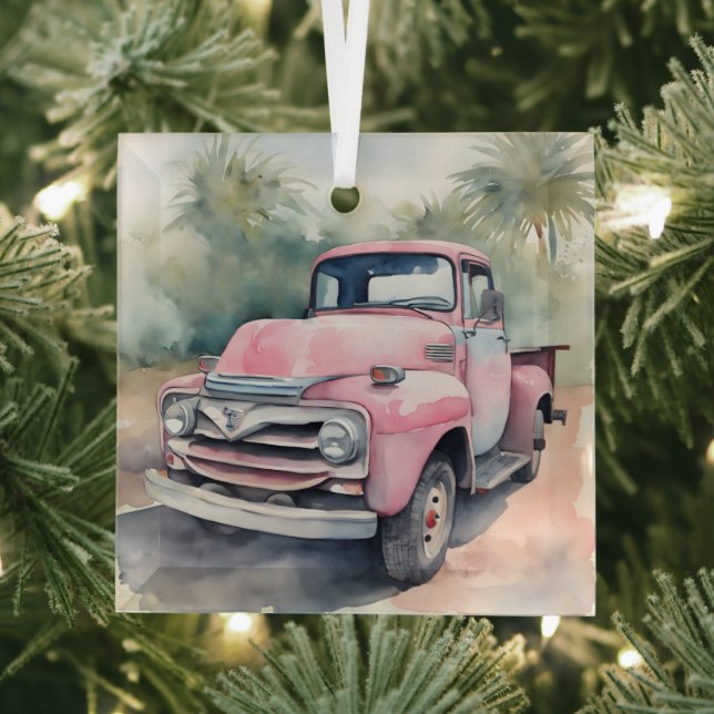Ornement En Verre Aquarelle Pink Retro Camion En Palmes (Insitu)