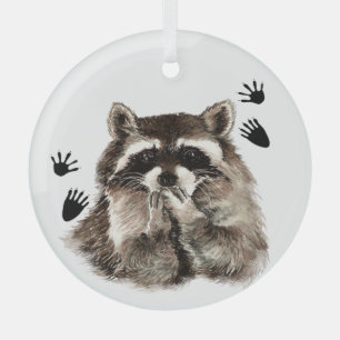 Ornement En Verre Aquarelle Raccoon Animal et traces ou pas