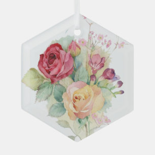 Ornement En Verre Aquarelle Rouge Jardin rose Jaune Roses