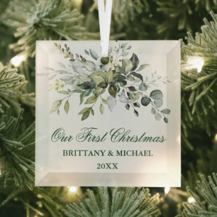 Ornement En Verre Aquarelle Verdure Notre premier Noël