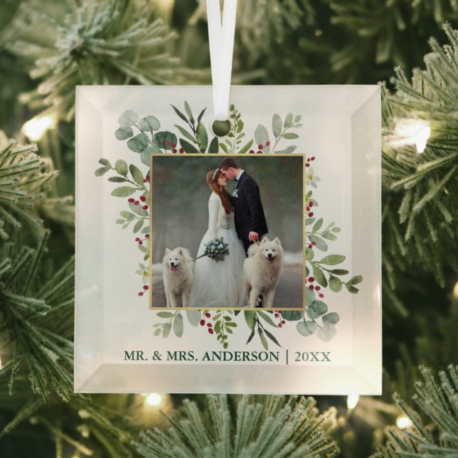 Ornement En Verre Aquarelle verte Holly Berries Photo Mariage (Insitu)