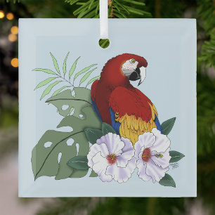 Ornement En Verre Ara Macao Rouge Perroquet Tropical Hibiscus Floral