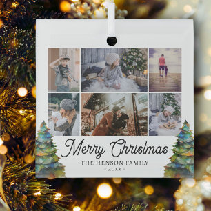 Ornement En Verre Arbre de Noël Aquarelle Famille 6 Photo Collage