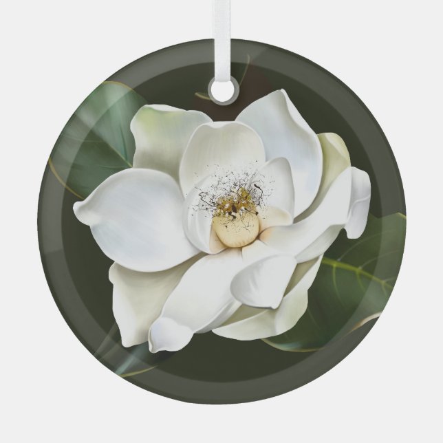 Ornement En Verre Arrière - plan blanc Magnolia Closeup Vert (Recto)