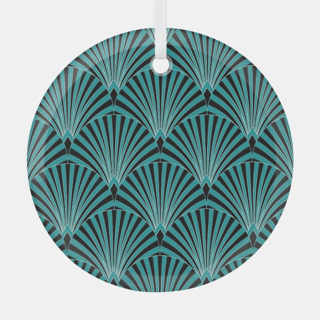 Ornement En Verre Art Déco : motif ventilateur vert. (Recto)