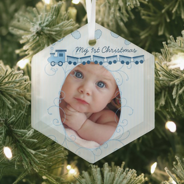 Ornement En Verre Baby Boy Photo Blue Choo Choo Train Enregistrement (Insitu)