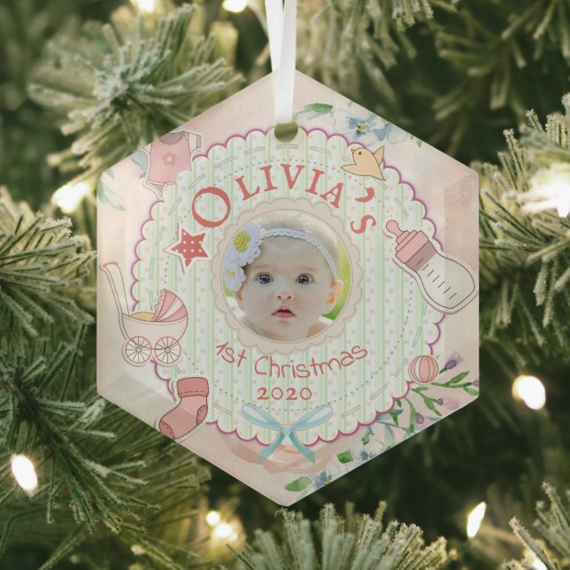 Ornement En Verre Baby Girl First Christmas Photo (Insitu)