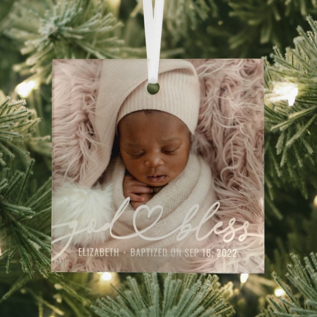 Ornement En Verre Baptême Simple Élégant Moderne Coeur Bébé Photo (Insitu)