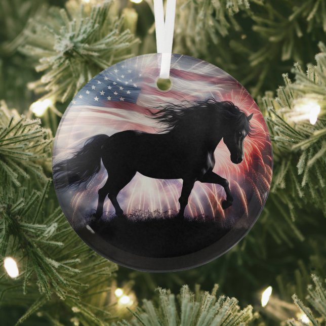 Ornement En Verre Beau cheval noir et drapeau américain (Insitu)
