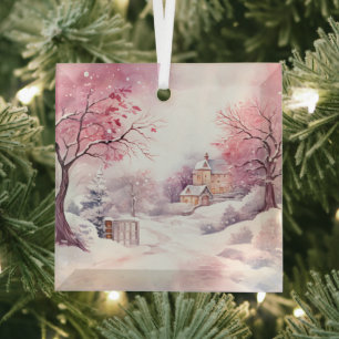 Ornement En Verre Beaux paysages roses de Noël