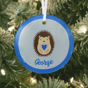 Ornement En Verre Bébé Garçon Bleu Cœur Hérisson Premier Noël