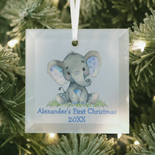 Ornement En Verre Bébé première aquarelle de Noël Elephant bleu