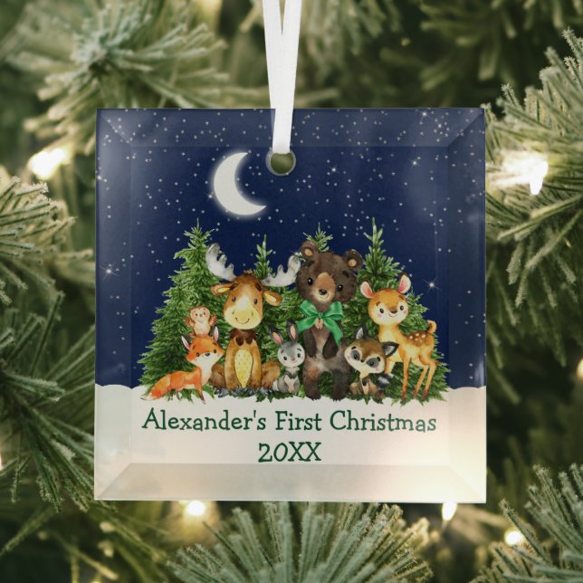 Ornement En Verre Bébé Première forêt de Noël Animaux Bow vert (Insitu)