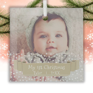 Ornement En Verre Bébé`s 1er Noël Etoiles Ribbon Photo