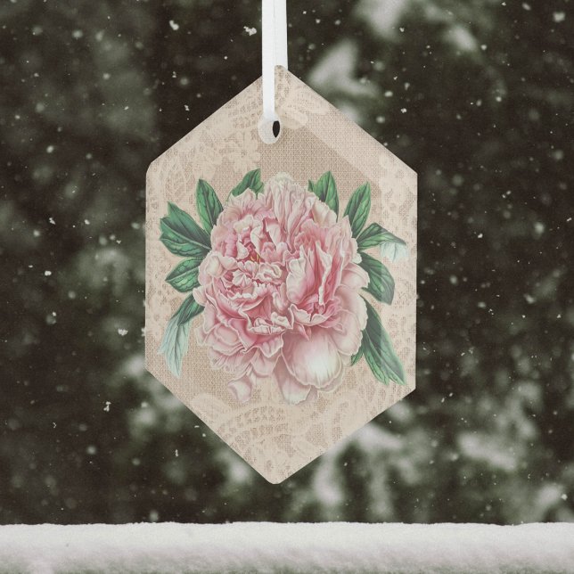 Ornement En Verre Belle pivoine rose sur dentelle rose Faux (Créateur téléchargé)