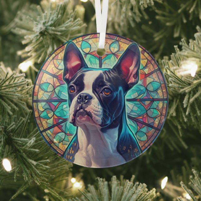 Ornement En Verre Bleu Gold Boston Terrier Doigt (Insitu)