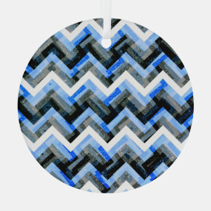 Ornement En Verre Bleu Noir Blanc Chevron Texturé