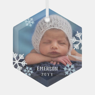 Ornement En Verre Blue White Snowflakes Baby Photo Ajouter nom et an